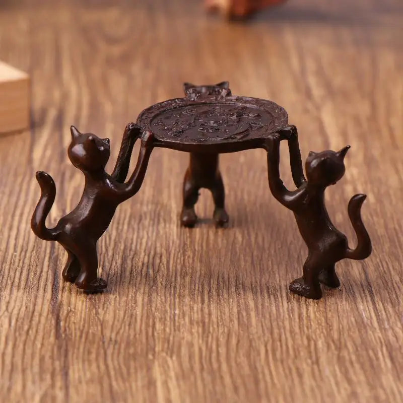 Mini Retro Three-Kitty Bronze Tray – Candle & Incense Holder
