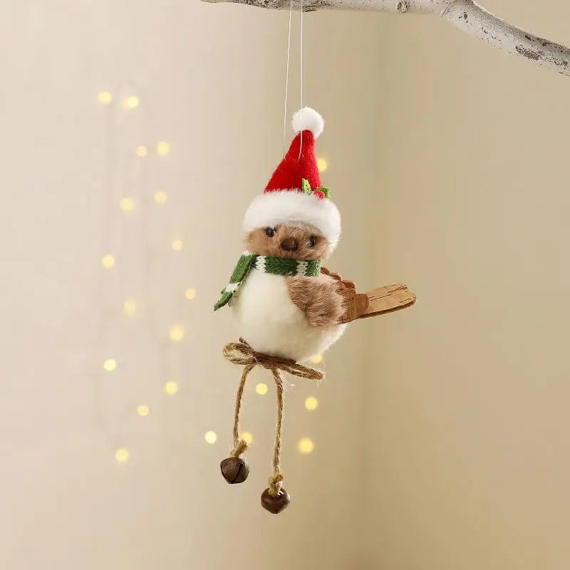 Christmas Plush Bird Ornaments – Santa Outfit & Jingle Bells