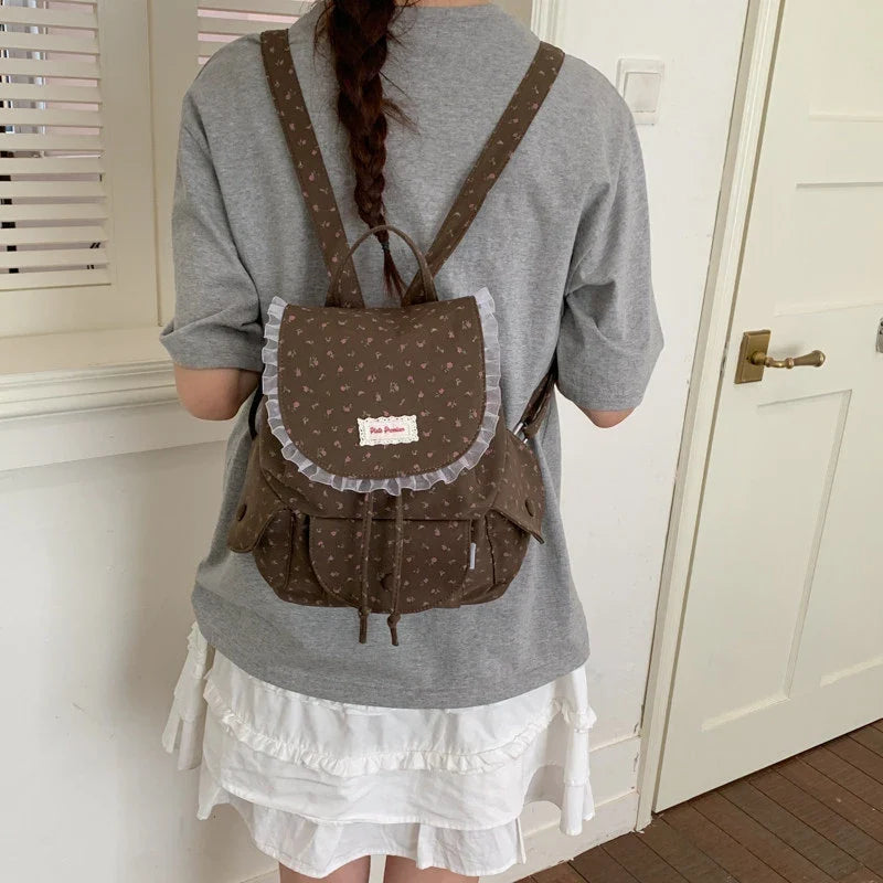 Korean Floral Canvas Backpack – Large Capacity Women's Bag