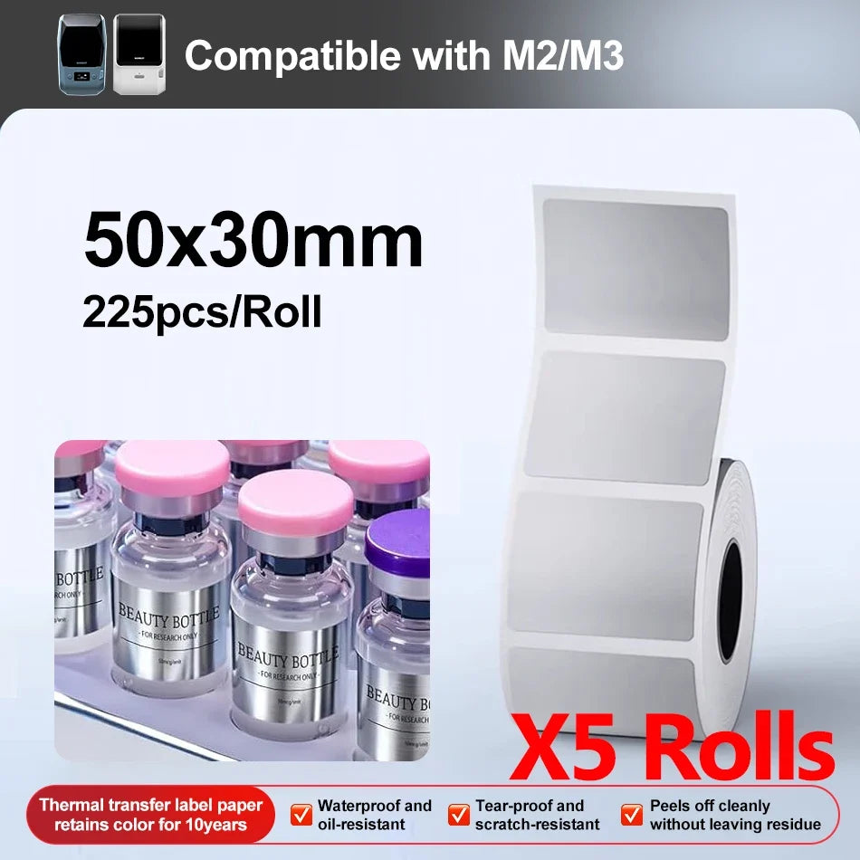 Niimbot M2/M3 Silver Thermal Transfer Labels – 3 or 5 Roll Pack
