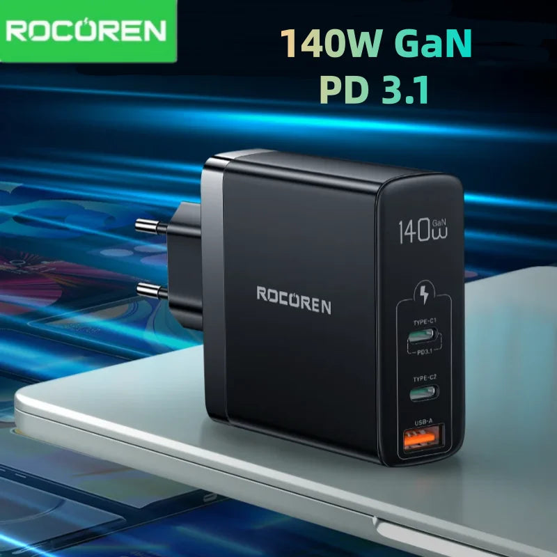 Rocoren 140W GaN USB-C Charger PD 3.1 QC 4.0 | MacBook & iPhone