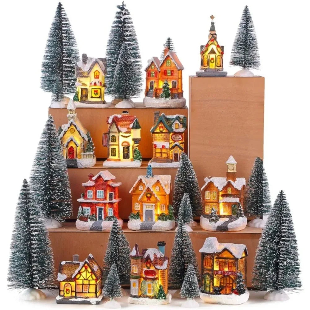 LED Miniature Christmas Village House Resin Ornament Decor