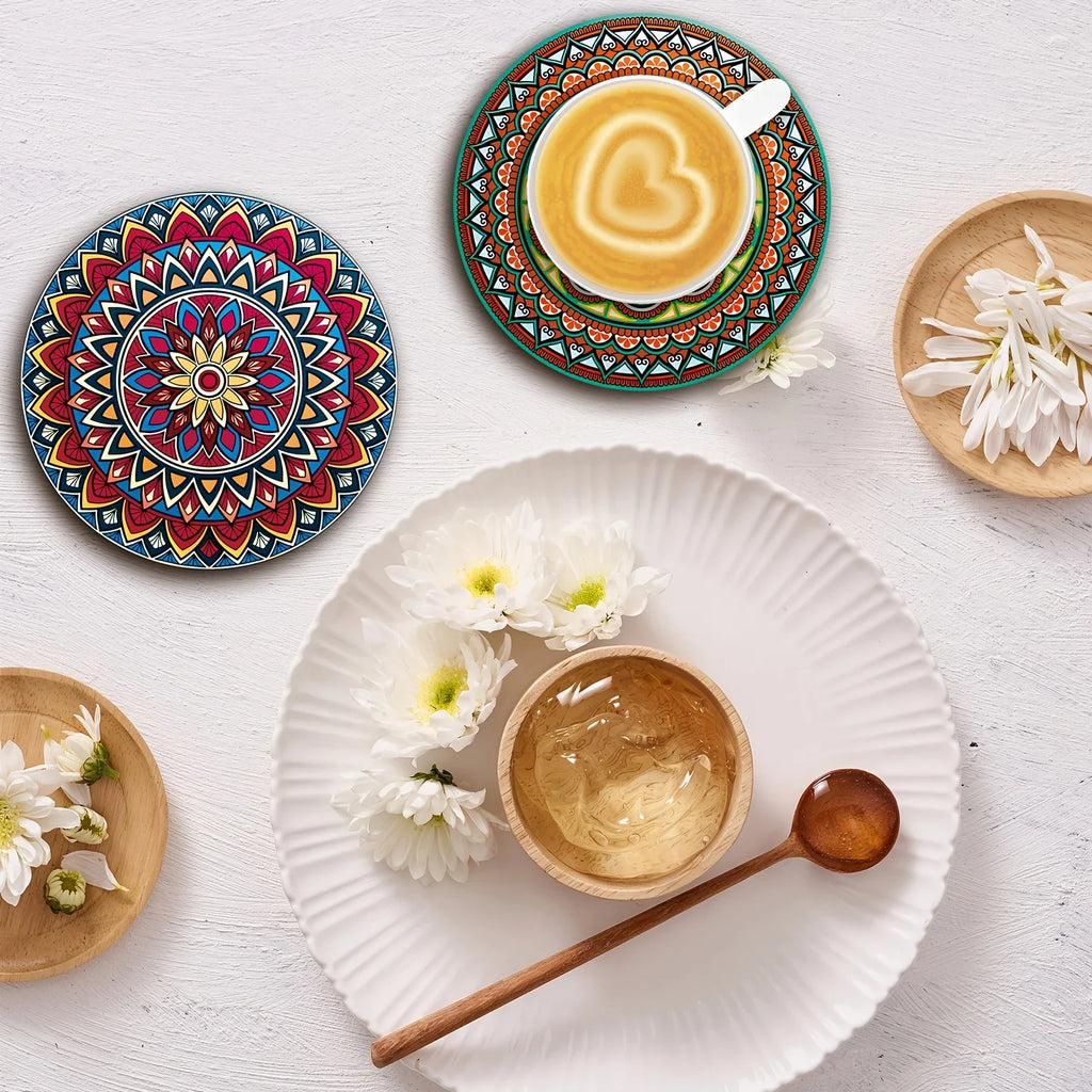 8-Piece Wooden Mandala Coasters Set – Home, Bar & Office Decor