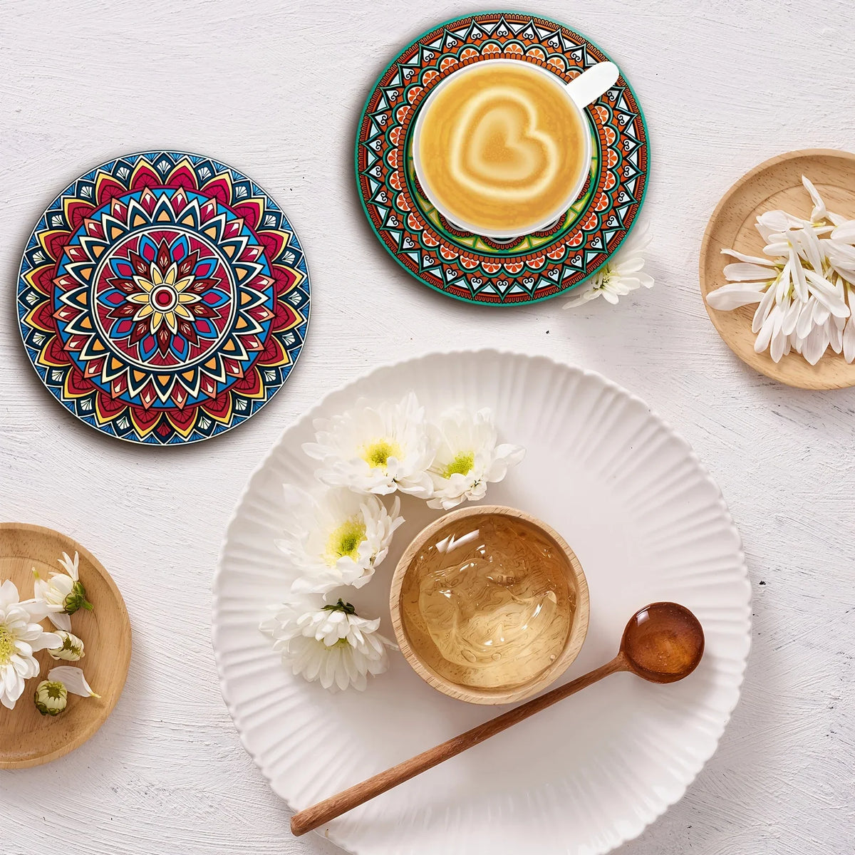 8-Piece Wooden Mandala Coasters Set – Home, Bar & Office Decor