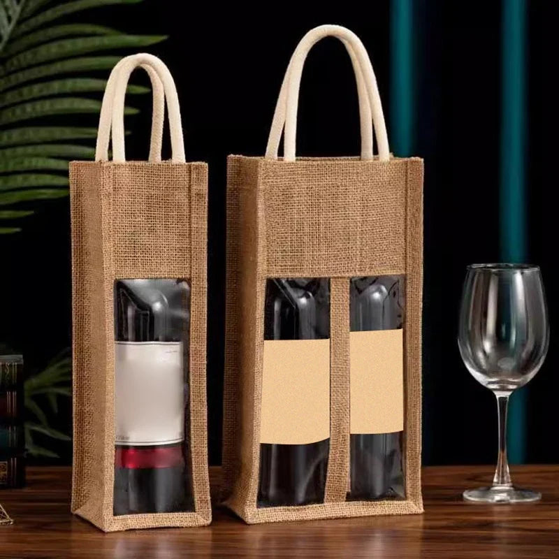 Linen Wine Gift Bag with Window & Handle – Single or Double Bottle