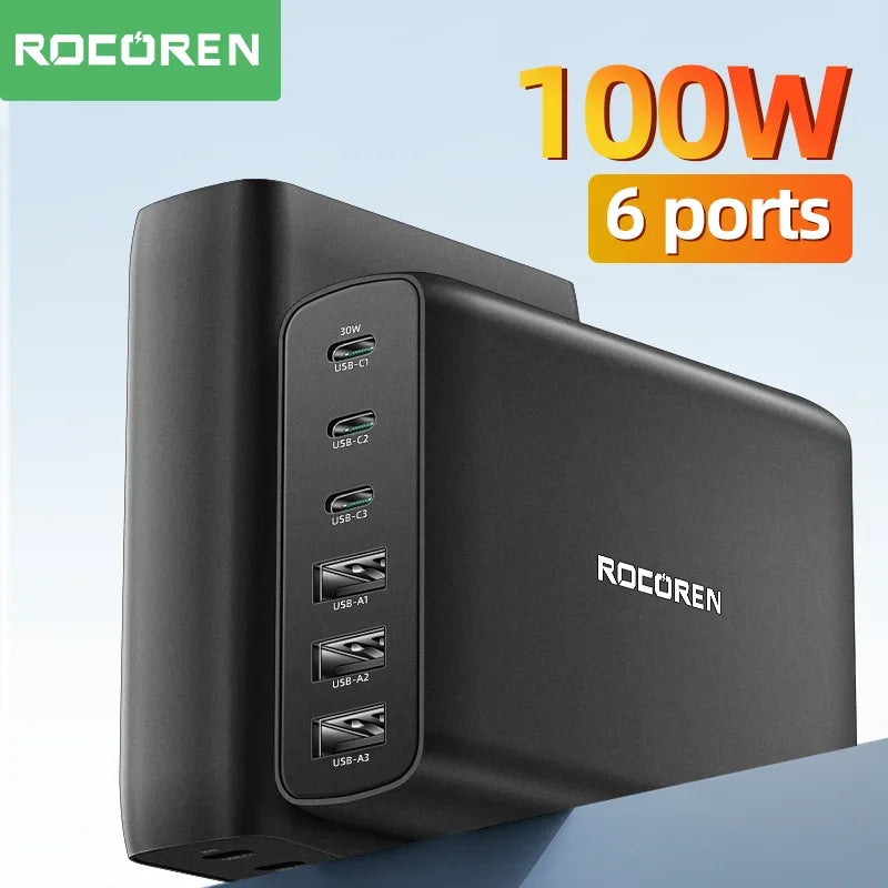 Rocoren 100W GaN Desktop Charger 6-Port USB-C PD Fast Charge