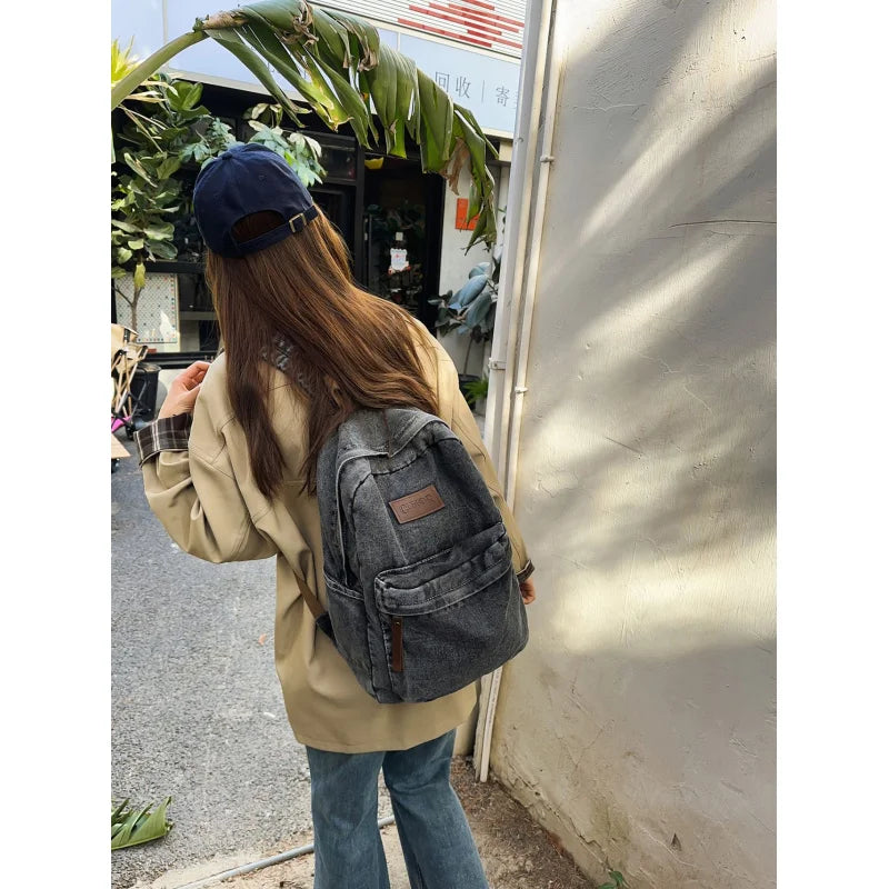 Vintage Denim Canvas Backpack – Unisex School & Travel Bag