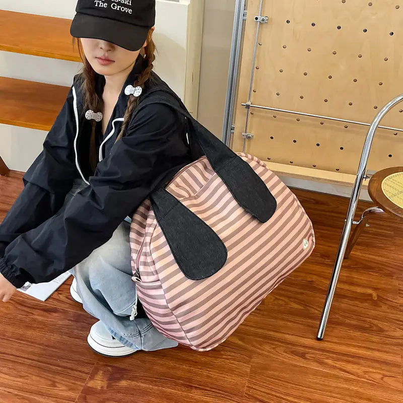Vintage Striped Canvas Tote Bag | Korean-Style Shoulder Handbag