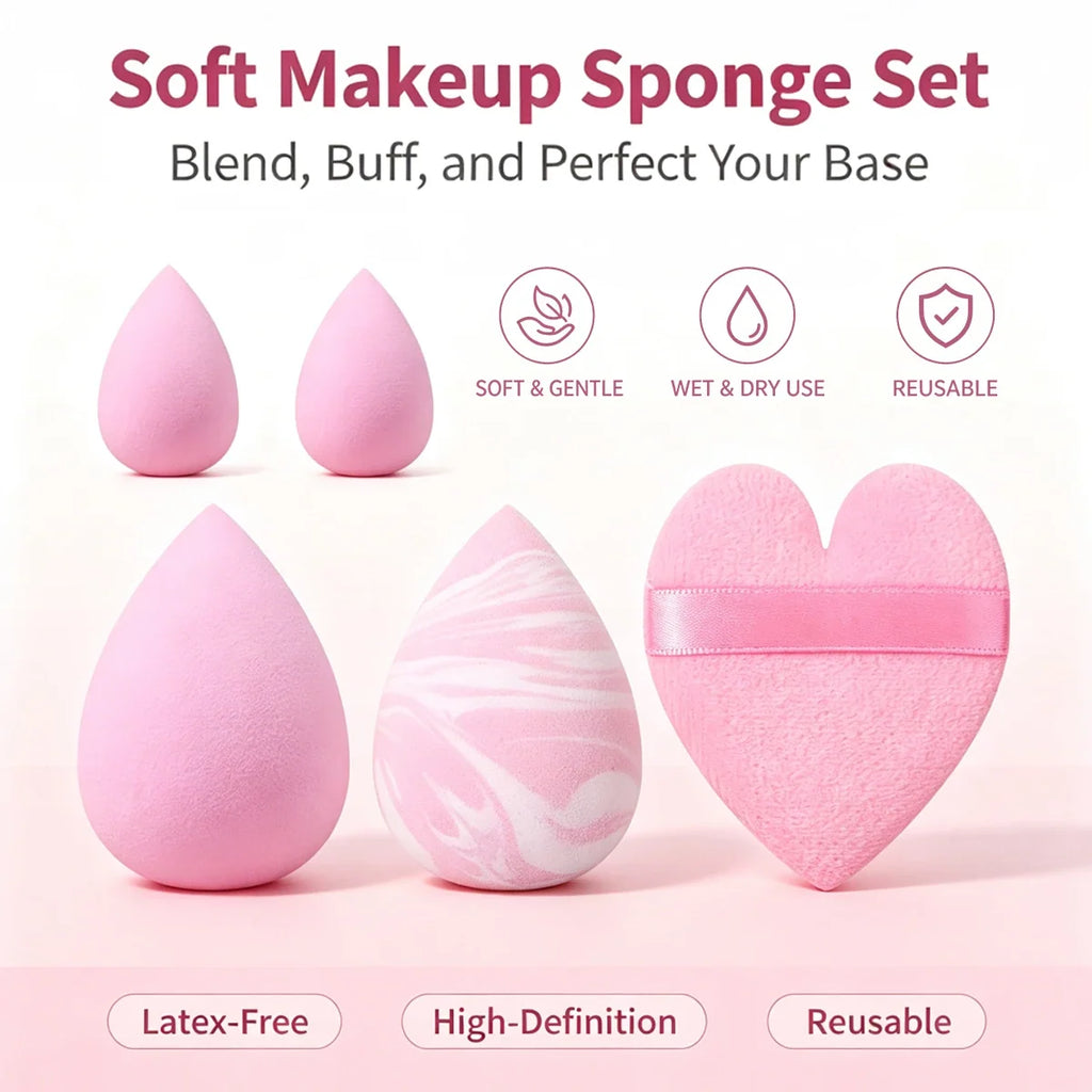 5-Piece Multi-Shape Makeup Sponge Set with Heart Puff