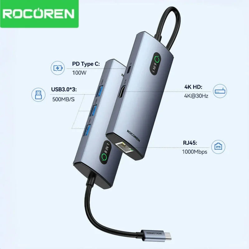 Rocoren 11-in-1 USB-C Hub PD 100W RJ45 SD Docking Station