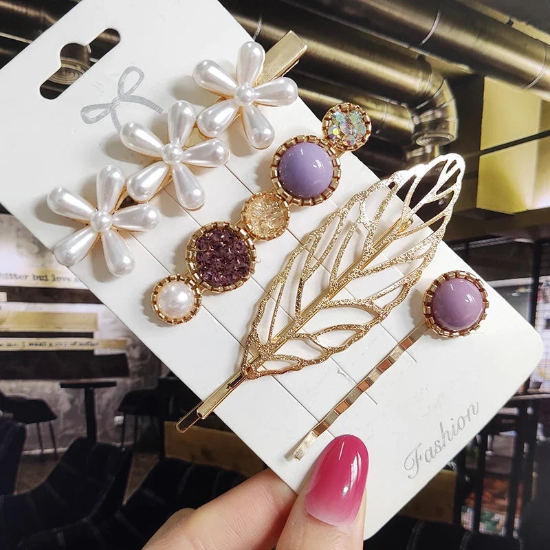 Pearl Crystal Hair Clips Set – Korean Geometric Barrettes