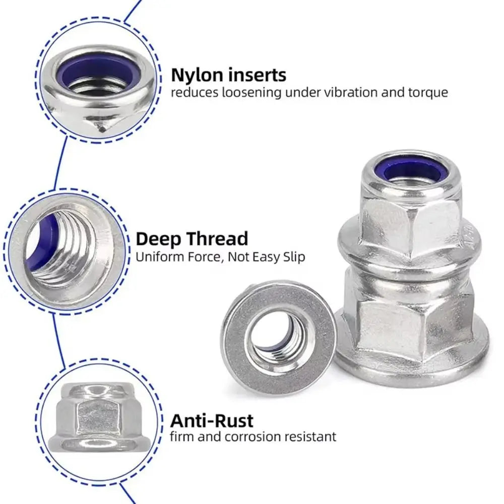 Stainless Steel Flange Lock Nuts Nylon Insert Hex M3–M16