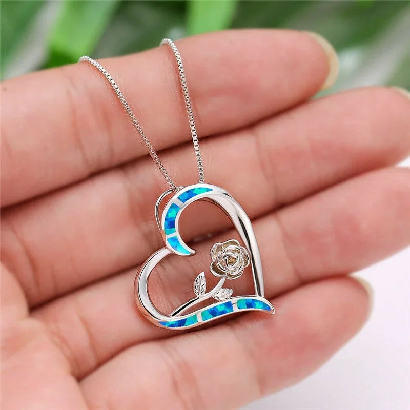 Women's Simulated Opal Rose Flower Heart Pendant Necklace