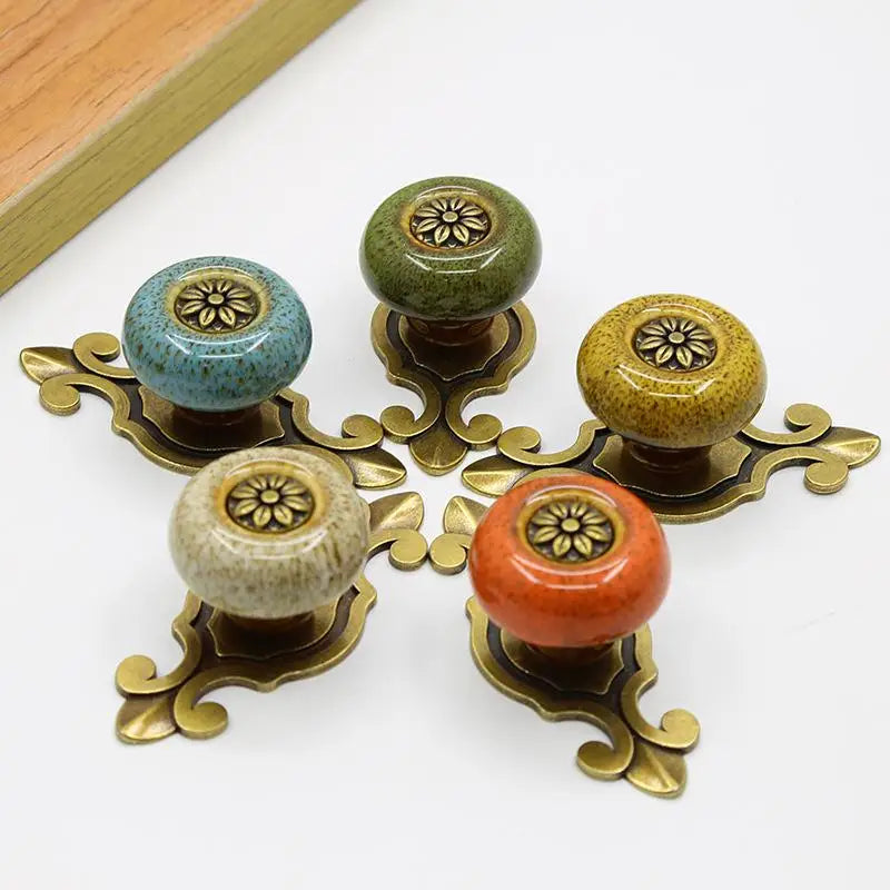 Antique Bronze Ceramic Flower Cabinet Knob | Ethnic Style