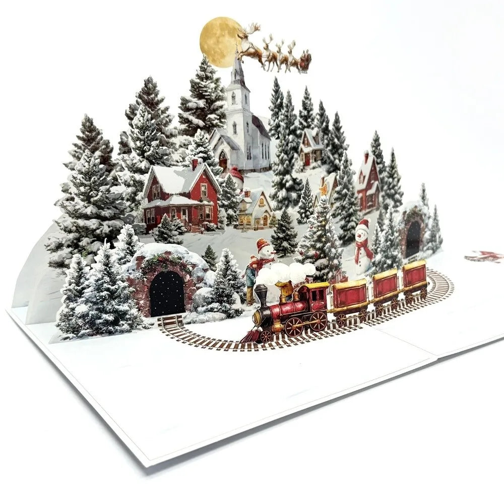 3D Pop-Up Christmas Card with Envelope – Snowy Village Scene