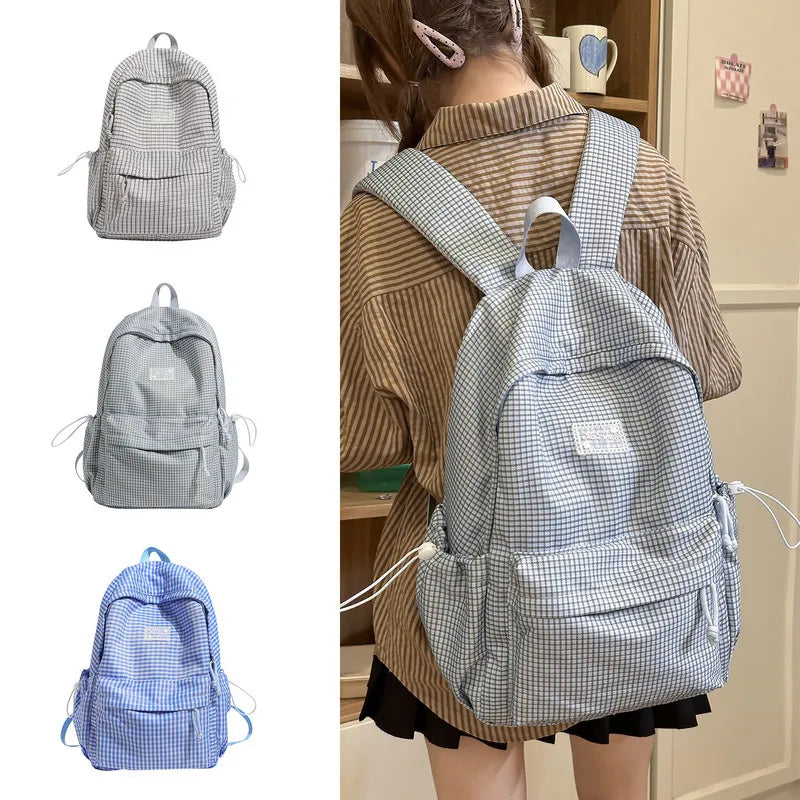 Japanese Plaid Canvas Backpack – Large Capacity Student Bag