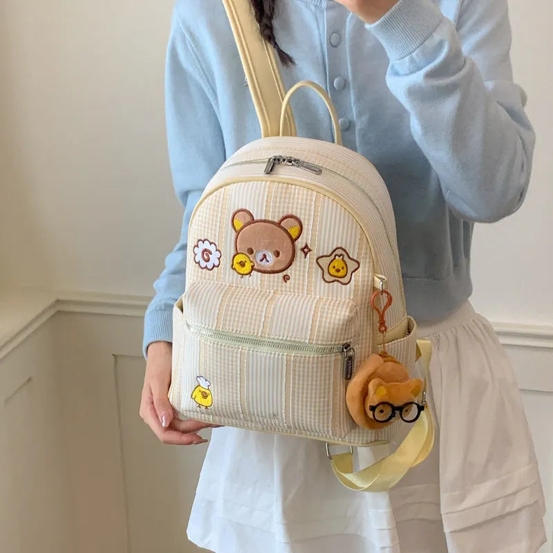 Cartoon Plaid Canvas Backpack for Women – Large Capacity