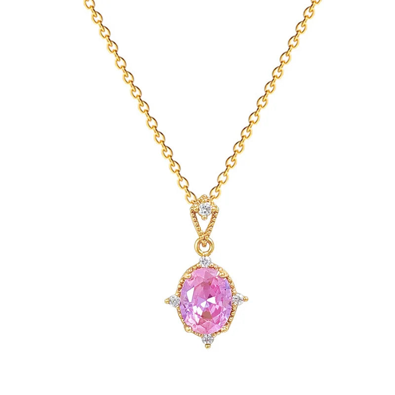 Women's Pink Zircon Pendant Gold Stainless Steel Necklace
