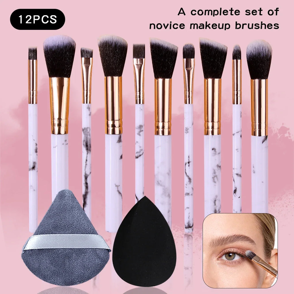 Marble Makeup Brush Set 12pc – Blush, Eyeshadow, Puff & Sponge