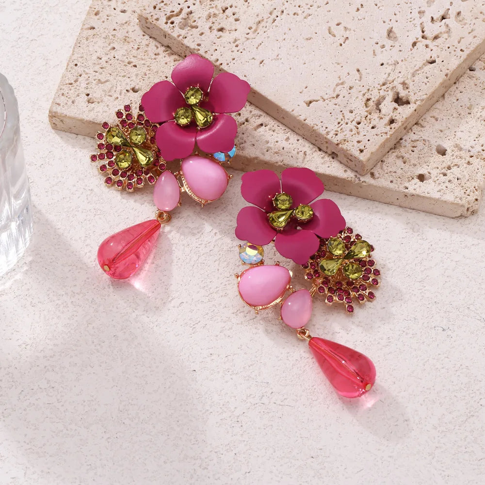 Women's Colorful Flower Rhinestone Drop Earrings – 14K Gold