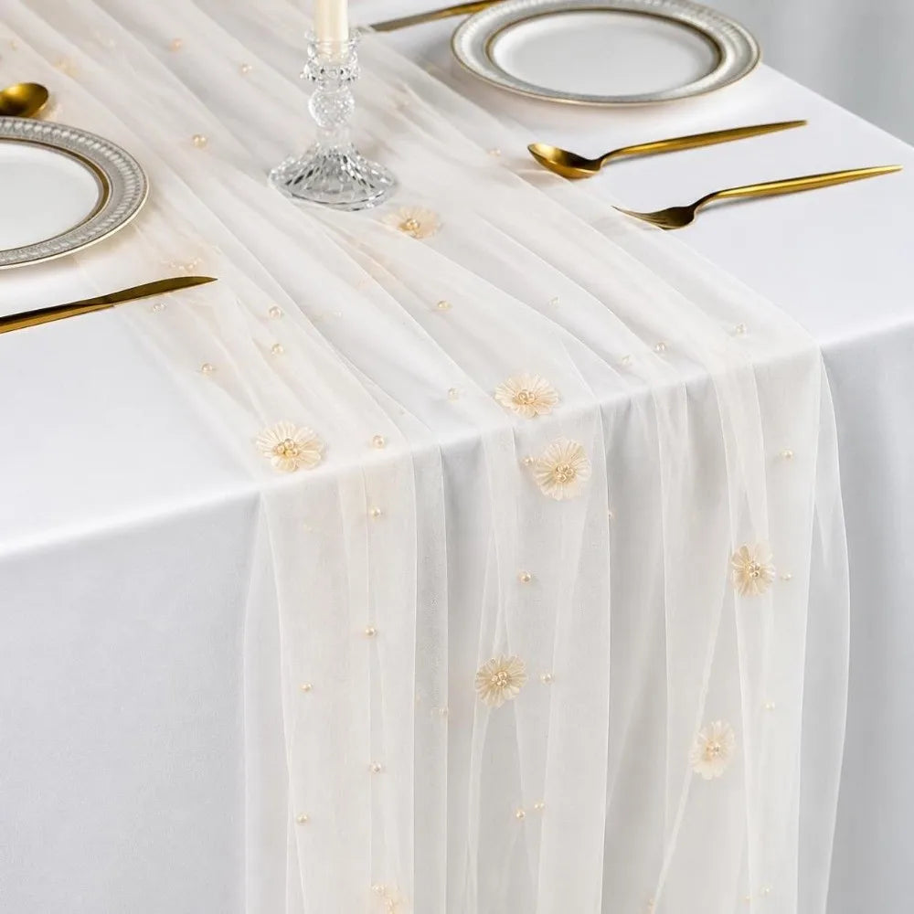 Tulle Table Runner 75x300cm Sheer Floral Embroidered Décor