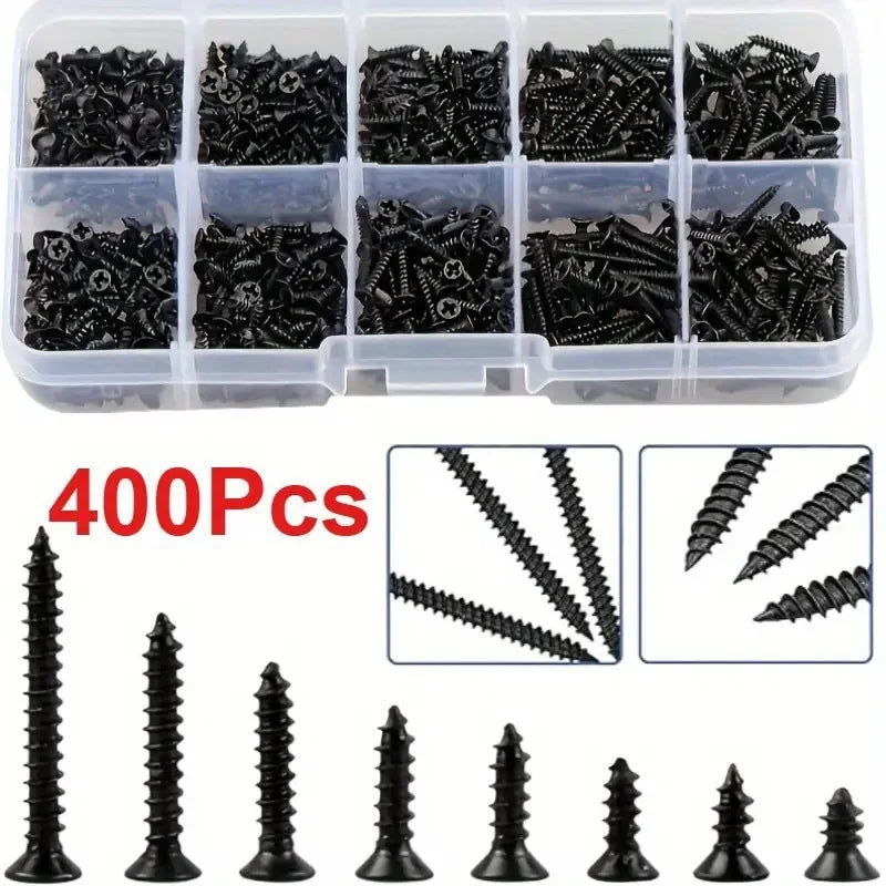 400pcs Self-Tapping Wood Screws Assortment Kit – Carbon Steel