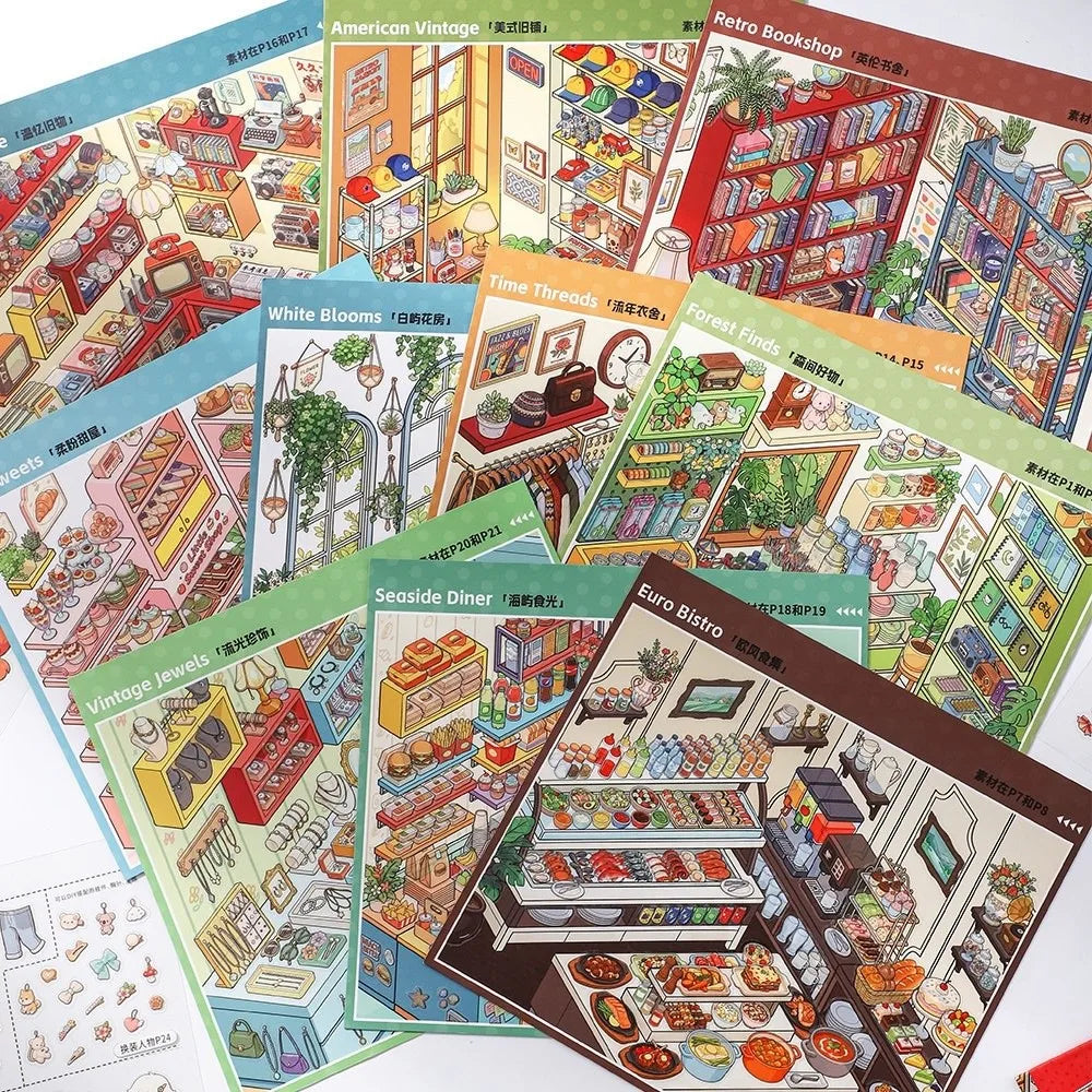 Miniature Scene PET Sticker Book – 10 Die-Cut Shop Scenes