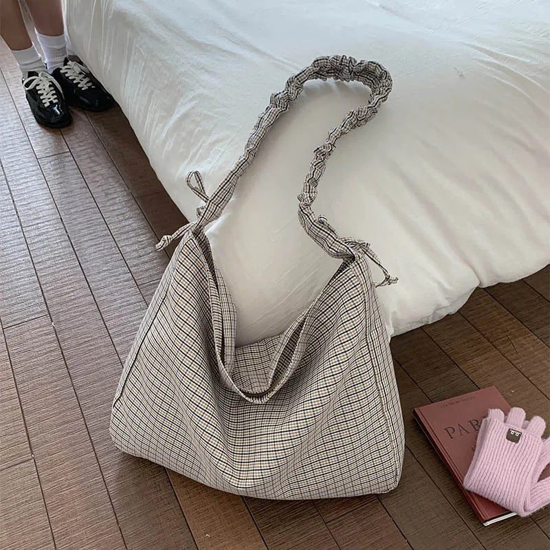 Plaid Canvas Crossbody Bag – Korean Style Commuter Tote
