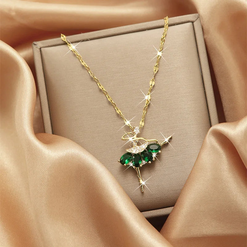 Zircon Ballet Girl Pendant Necklace | Gold Clavicle Chain