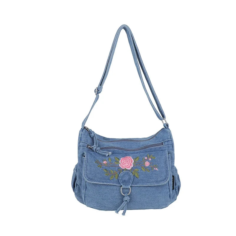 Embroidered Denim Crossbody Bag | Multi-Layer Shoulder Bag