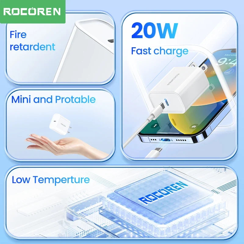 Rocoren 20W GaN USB-C Fast Charger PD3.0 QC3.0 – iPhone & Samsung