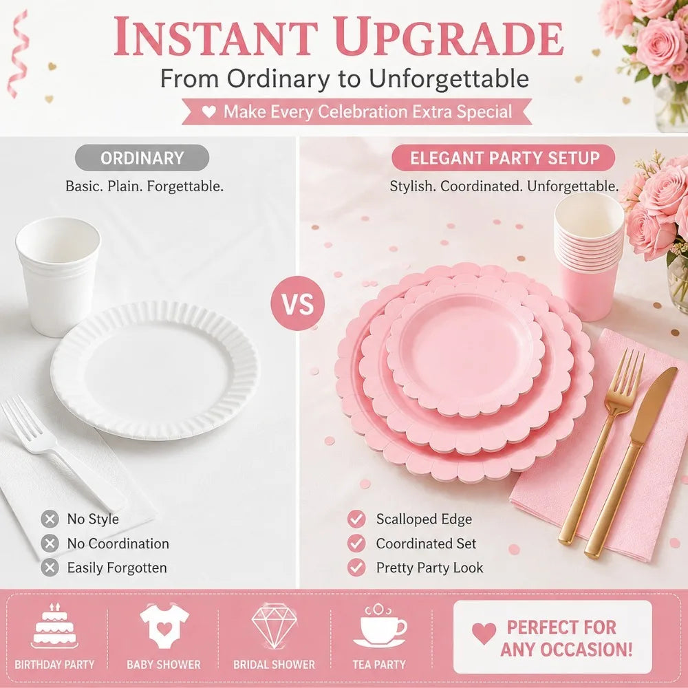 Pink Scalloped Disposable Tableware Set – Plates, Cups & Napkins