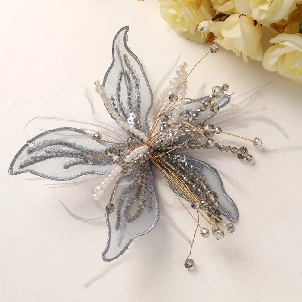 3D Organza Flower Patch – Pearl Crystal Feather DIY Embroidery