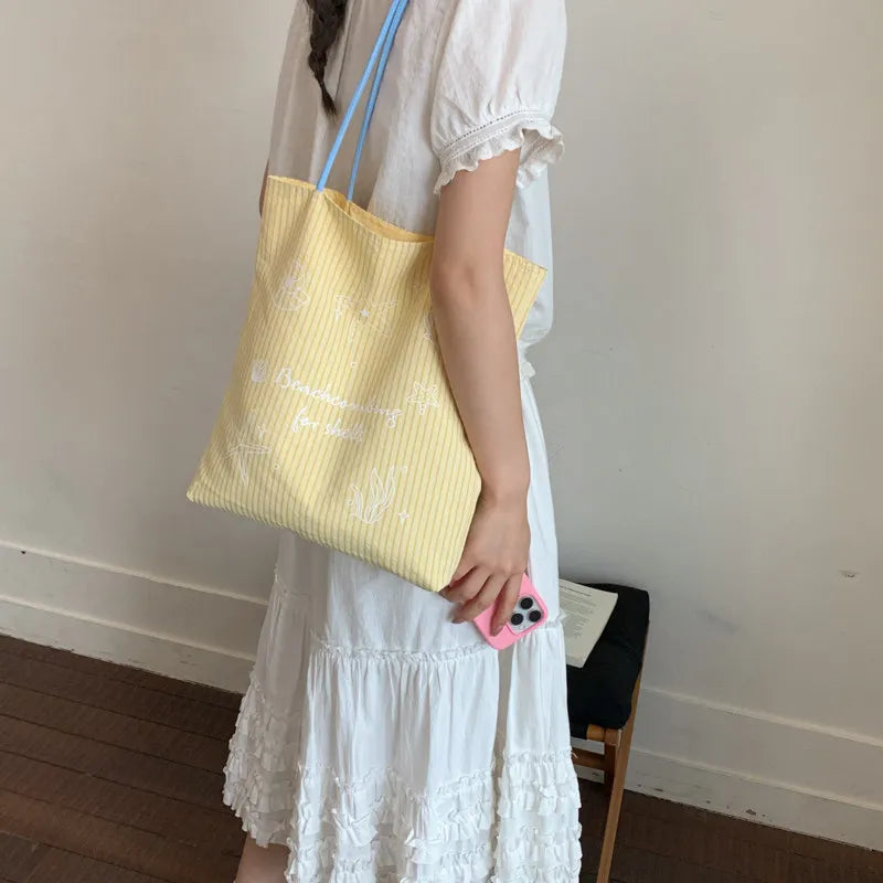 Women's Large Canvas Striped Tote Shoulder Bag | Korean Style
