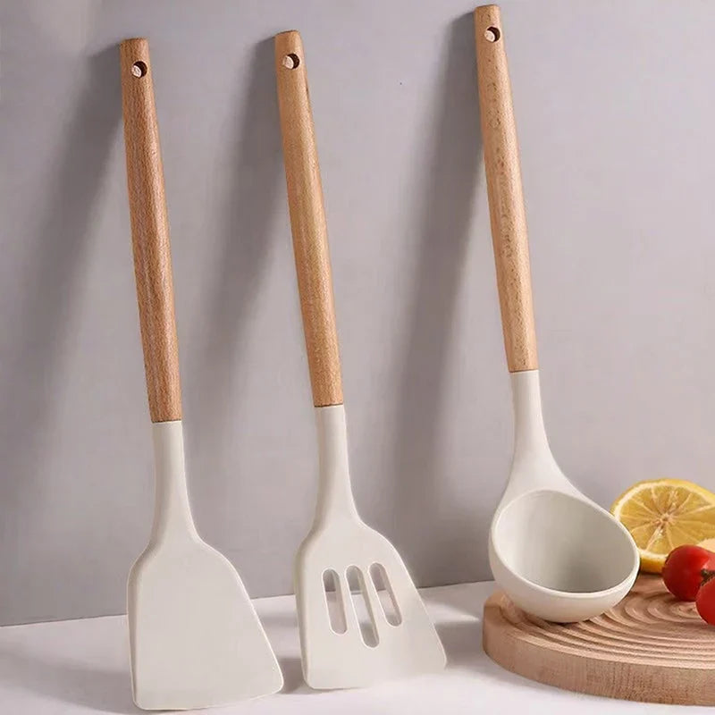 Wooden Handle Silicone Spatula Set – Frying Spatula & Ladle