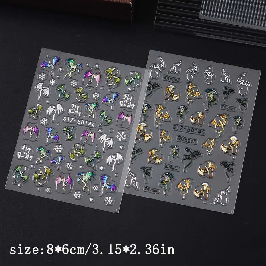 5D Embossed Dragon & Snowflake Nail Stickers – Metallic Decals