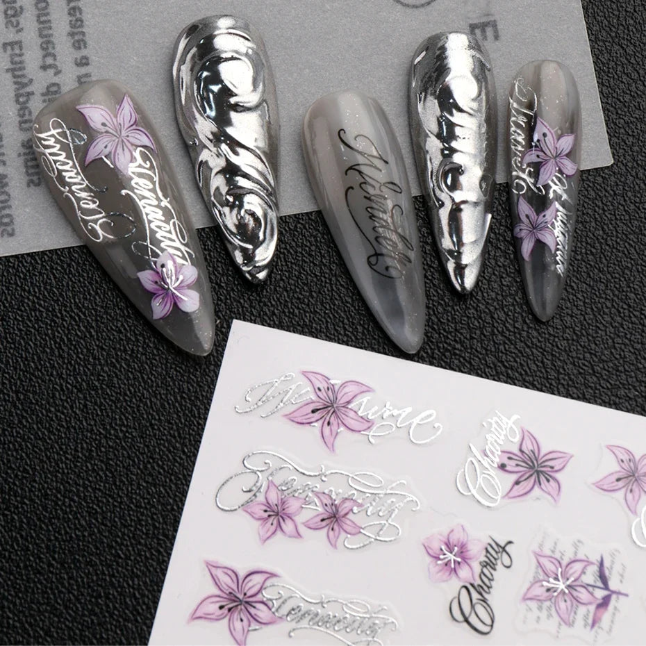 Purple Lily Floral Nail Stickers & Cursive Letter Decals – 2pcs