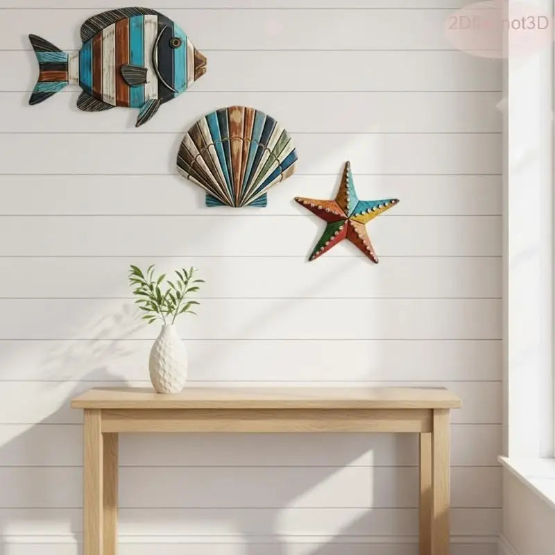 3-Piece Ocean Wooden Wall Art – Fish Shells Starfish Décor Set