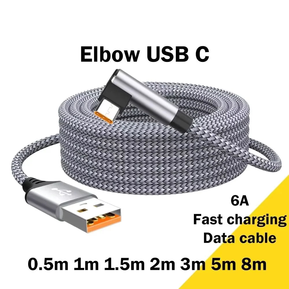 6A USB-C Right Angle Fast Charge Cable 3m 5m | Type-C Elbow
