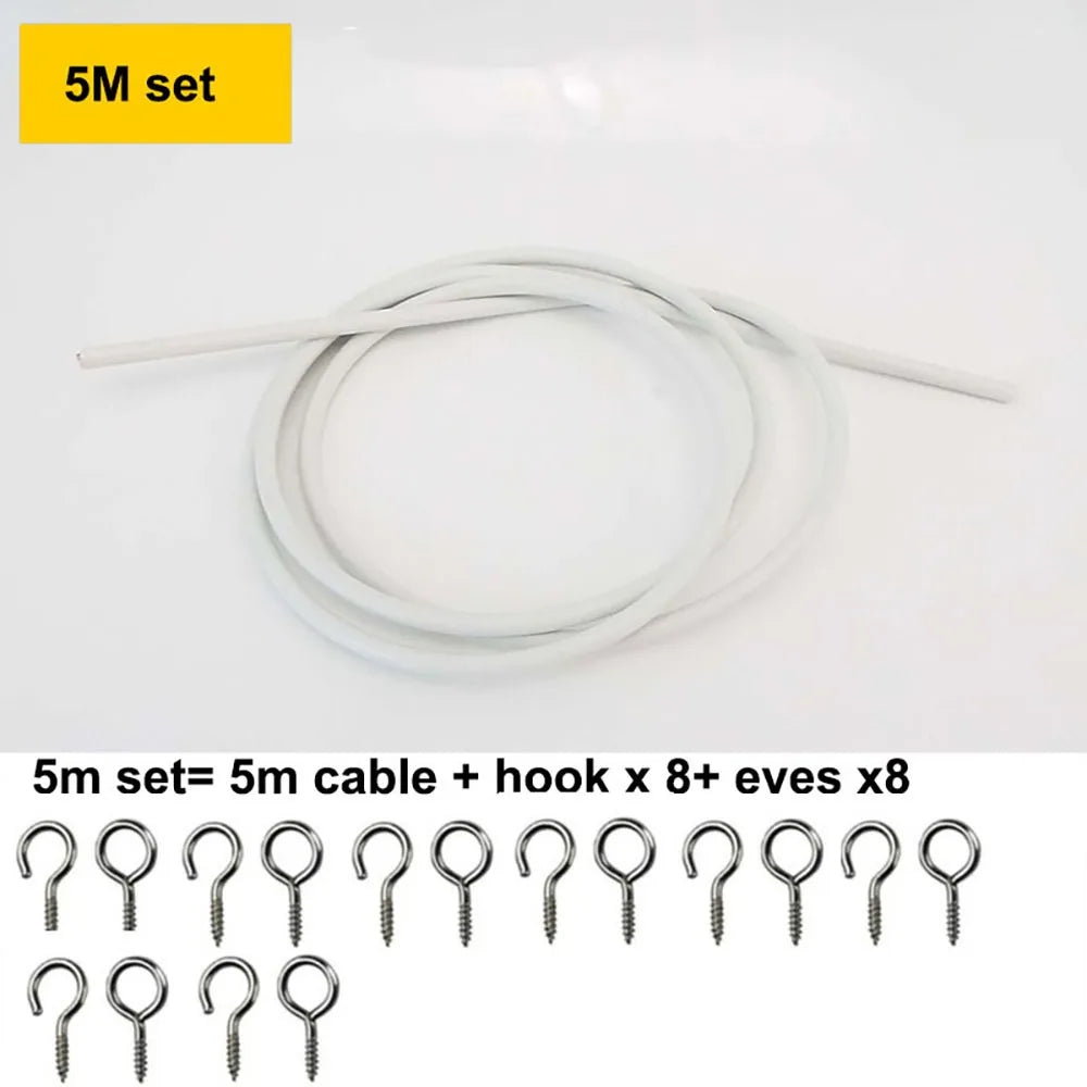 Curtain Spring Wire Cable 2–5M with Hooks & Eyes | White