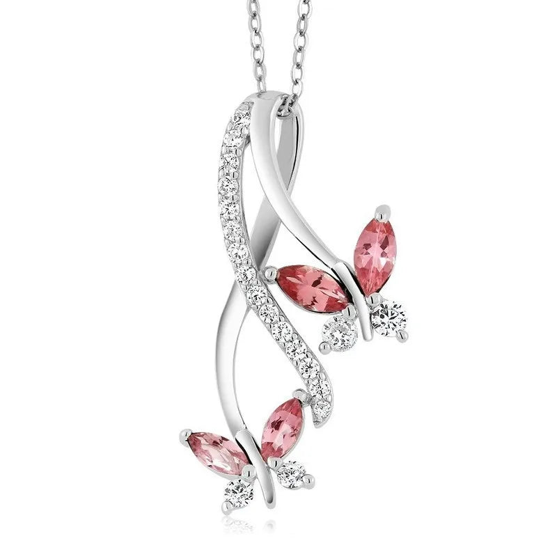 Women's Zircon Butterfly Pendant Necklace | Silver Blue Red Green