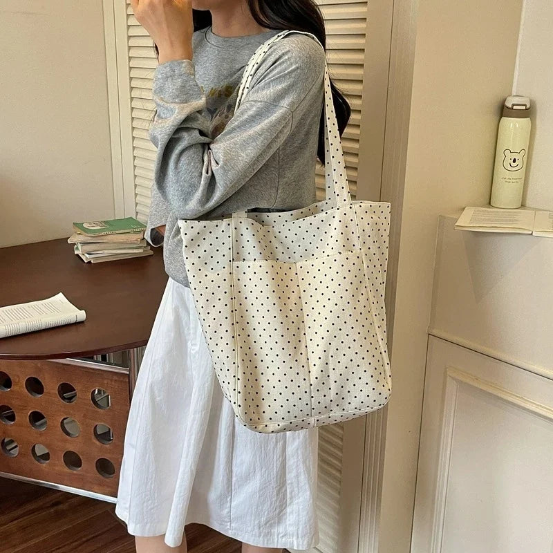 Korean Polka Dot Canvas Tote Bag – Chic Multi-Way Shoulder Bag