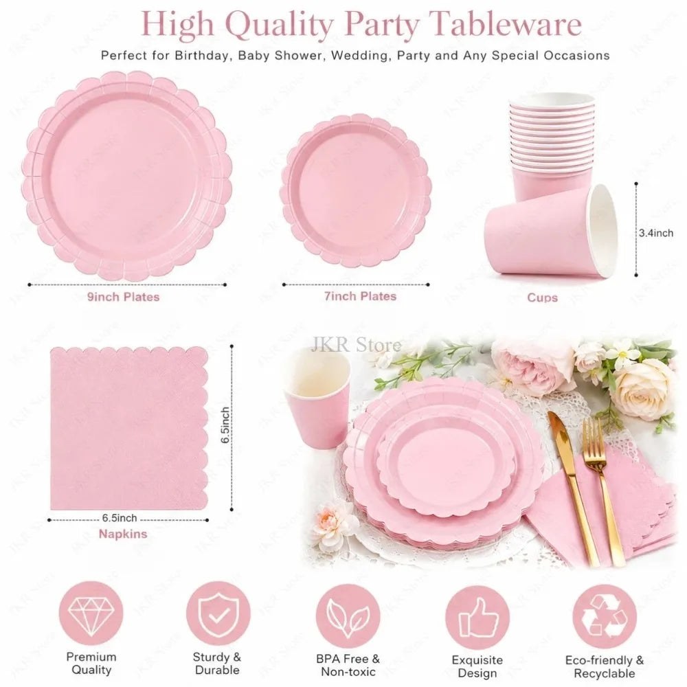 Pink Scalloped Disposable Tableware Set – Plates, Cups & Napkins