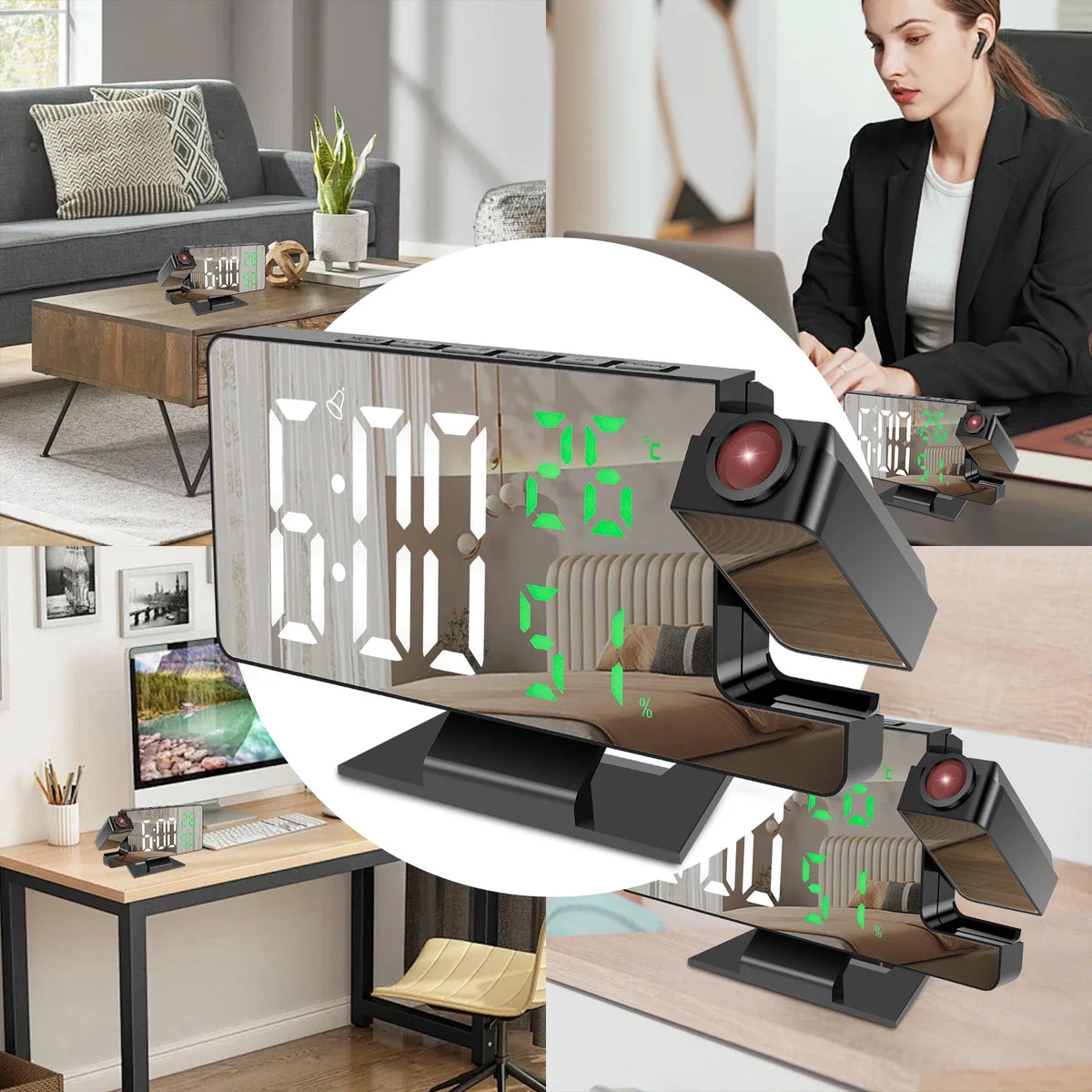 180° Projection Digital Alarm Clock – LED Display & Mirror