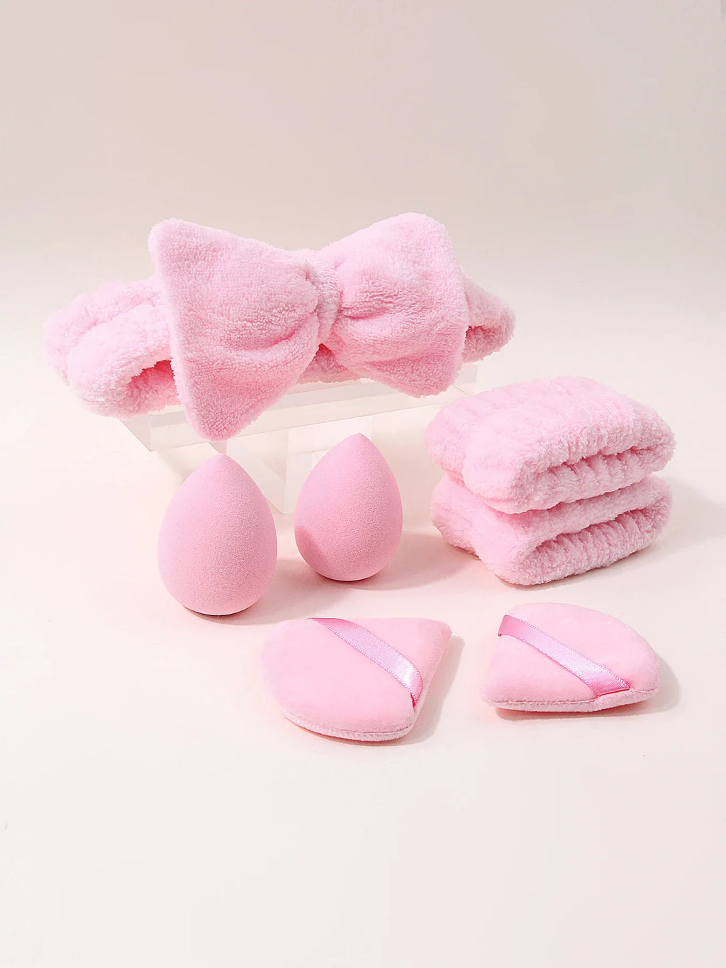 7-Piece Makeup Tool Set – Puffs, Spa Headband & Wristbands