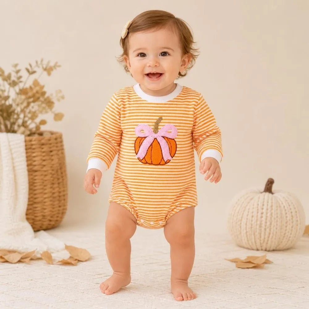 Pumpkin Embroidery Baby Bodysuit – Long Sleeve Infant Romper