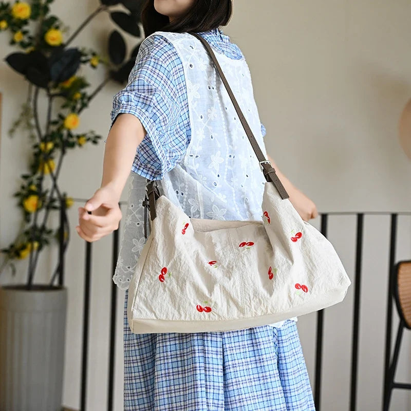 Women's Canvas Embroidery Tote Shoulder Bag – Large Capacity