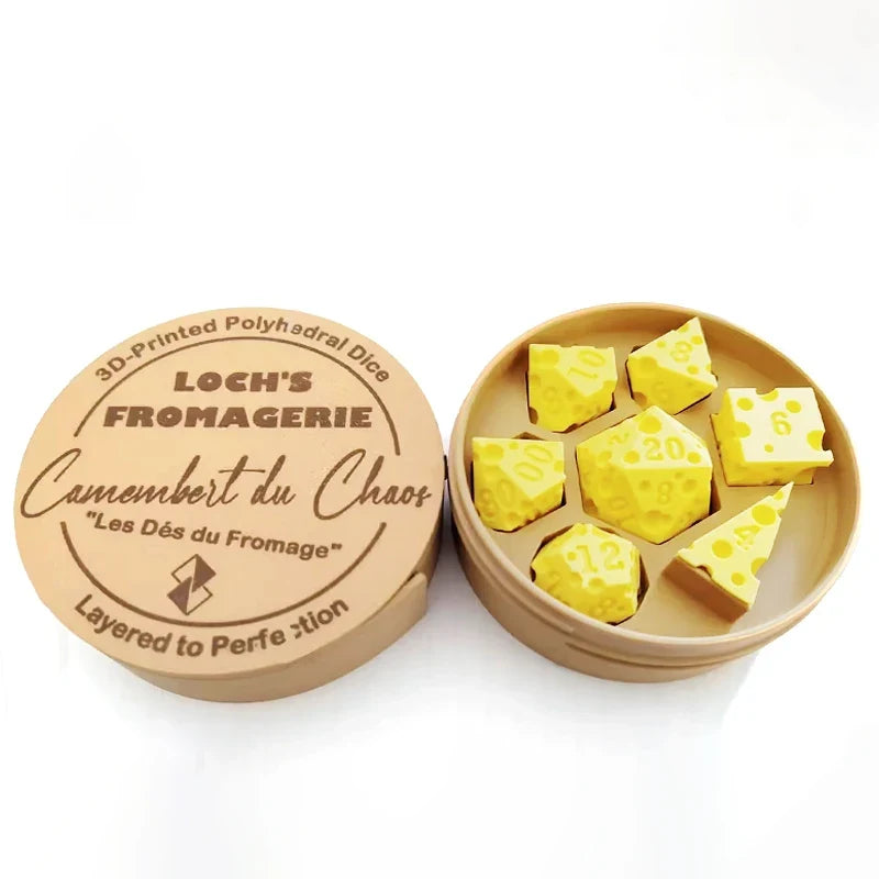 Cheese Dice Holder Box & 7-Piece D4–D20 Polyhedral Dice Set