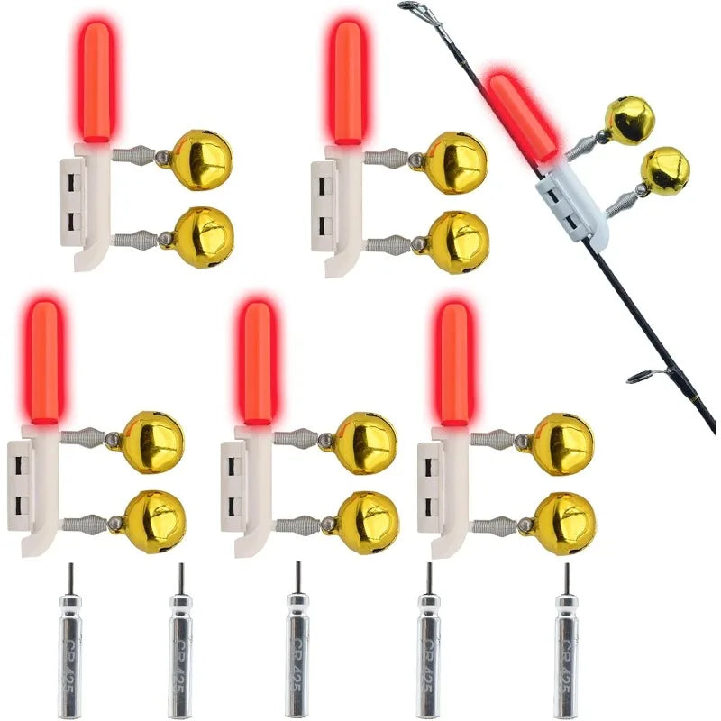 5Pcs LED Fishing Rod Tip Lights with Bells & CR425 Battery