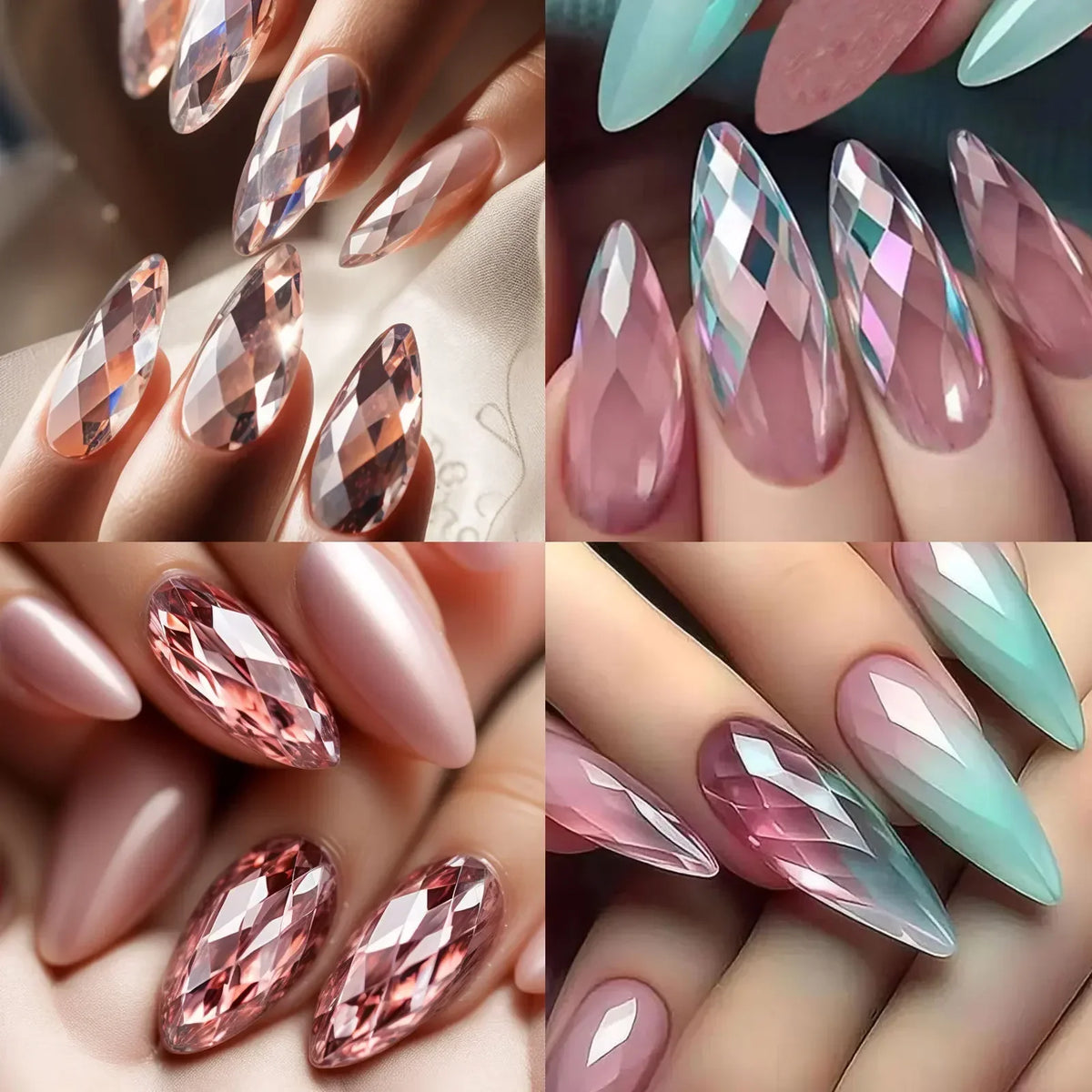 3D Diamond Almond Ballet Press On Nails – Long False Nails Set